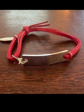 Plunder Leather Bracelet w/ Silver-tone ID Rectangular Tag. Red. Adjustable New